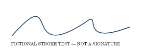 Fictional blue stroke test on white, labelled as a sample rather than a real signature.