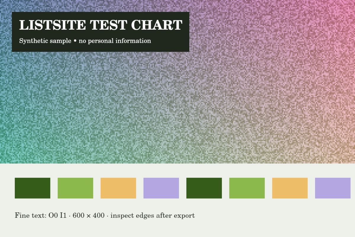 Synthetic ListSite test chart with fine text, color patches and textured regions.
