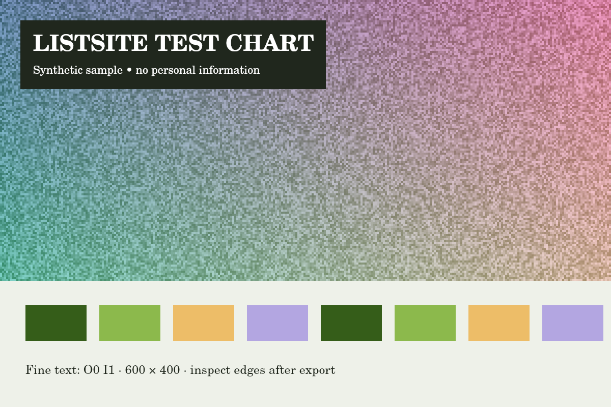Synthetic ListSite test chart with fine text, color patches and textured regions.